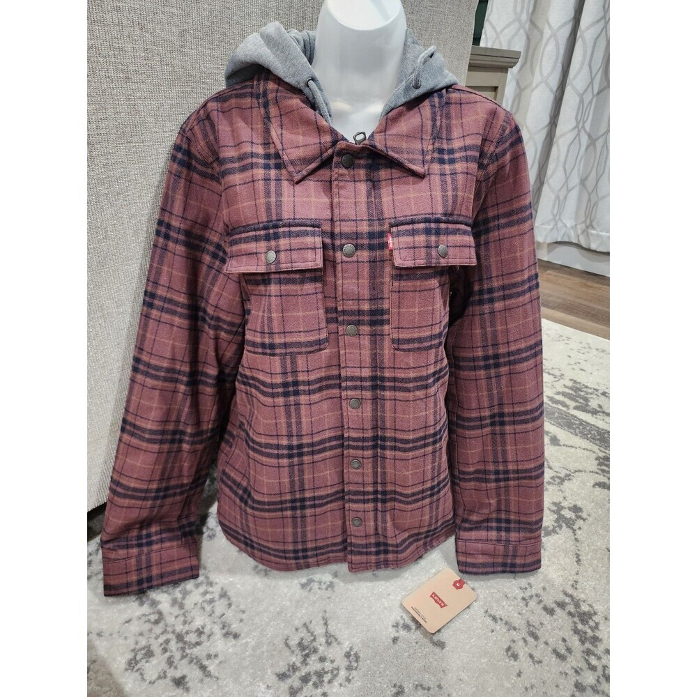NEW Levi Strauss & Co. Men's Plaid Hooded Lined Shirt Jacket Black Brown Small